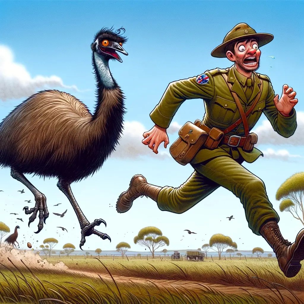 DALL·E 2024 06 12 10.58.48 A comical and detailed illustration of an emu chasing a frightened soldier in a field. The soldier in military uniform is running away with a terrif copy