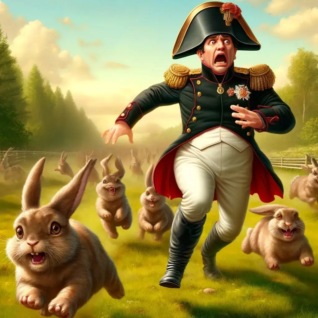 DALL·E 2024 06 12 11.19.23 A realistic and detailed illustration of Napoleon Bonaparte being chased by a horde of rabbits. Napoleon dressed in his iconic military uniform and h copy