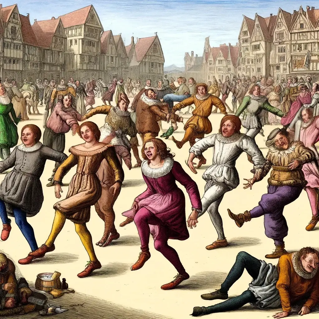 DALL·E 2024 06 12 11.34.20 A colorful and detailed illustration of the Dancing Plague of 1518 showing a group of healthy and realistic looking people in medieval attire dancing copy