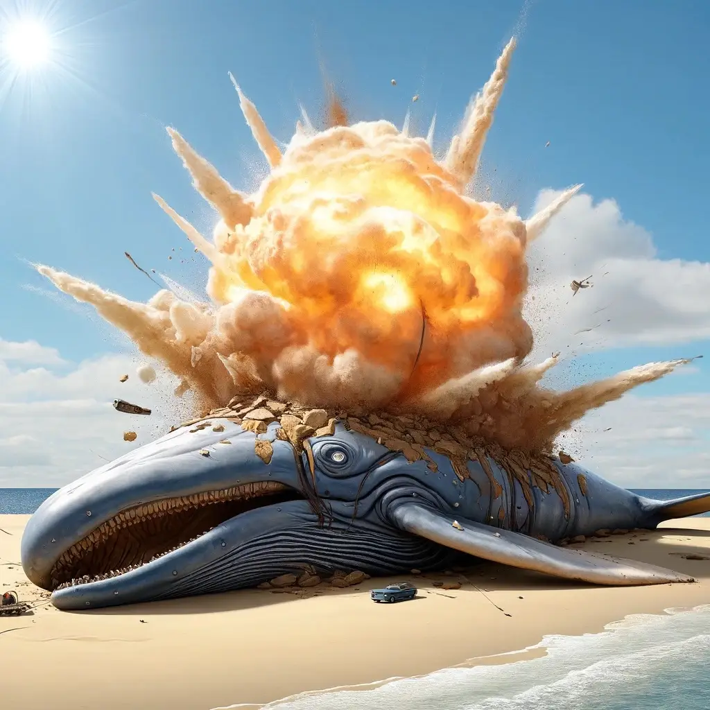 DALL·E 2024 06 12 11.42.27 A detailed and realistic illustration of the infamous exploding whale incident. The scene shows the whales body laying on the beach. The explosion is copy