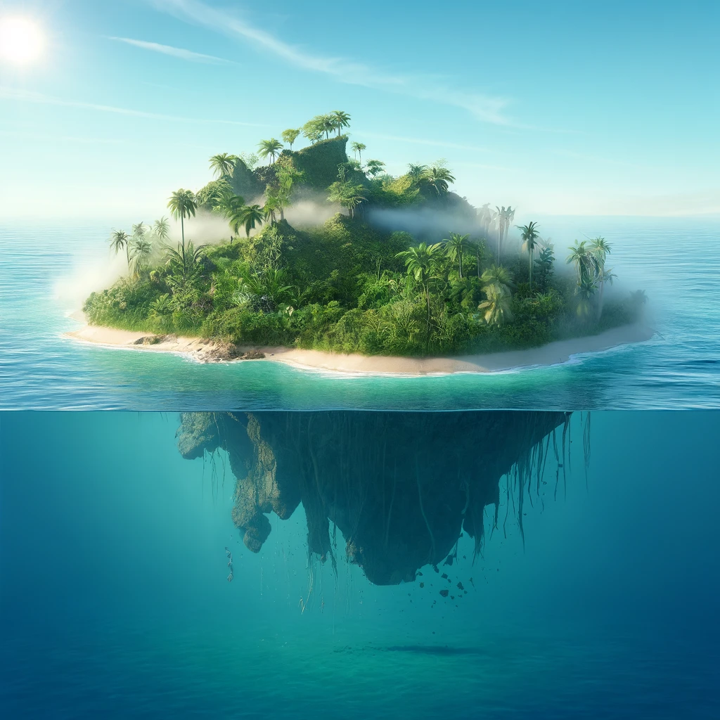 DALL·E 2024 06 12 11.47.20 A detailed and realistic illustration of the disappearing island of Bermeja. The scene shows a small lush tropical island with palm trees and vegetat