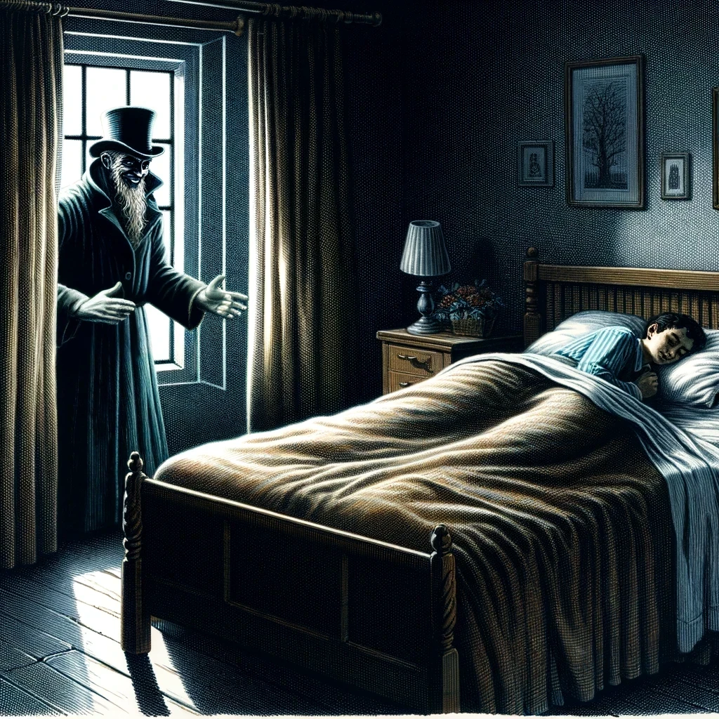 DALL·E 2024 06 12 12.11.50 A detailed and realistic illustration of the Phantom Barber. The scene shows a dark shadowy figure sneaking into a dimly lit bedroom through an open