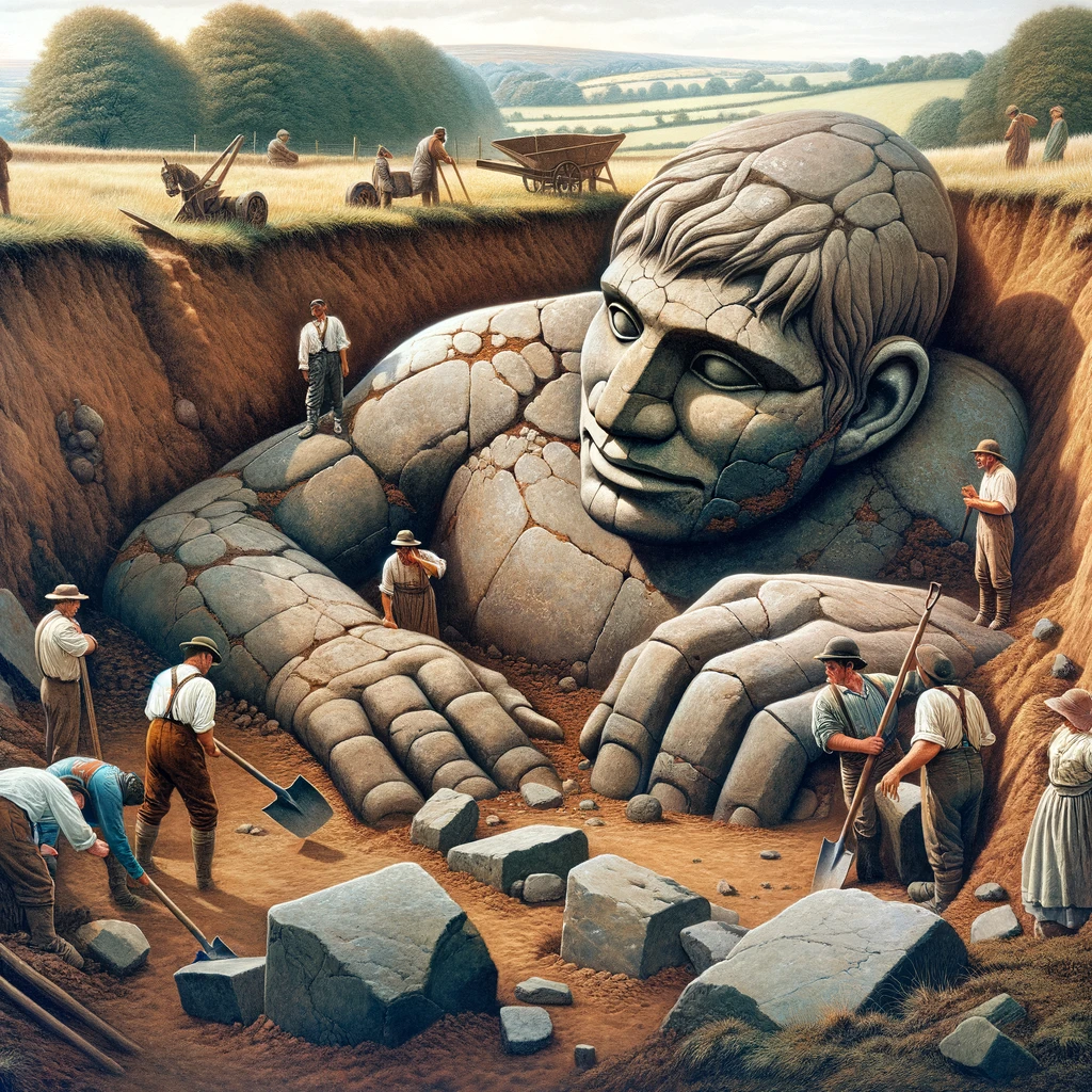 DALL·E 2024 06 12 12.25.25 A detailed and realistic illustration of the Cardiff Giant based on historical photos. The scene shows a large stone figure lying in a pit being dis