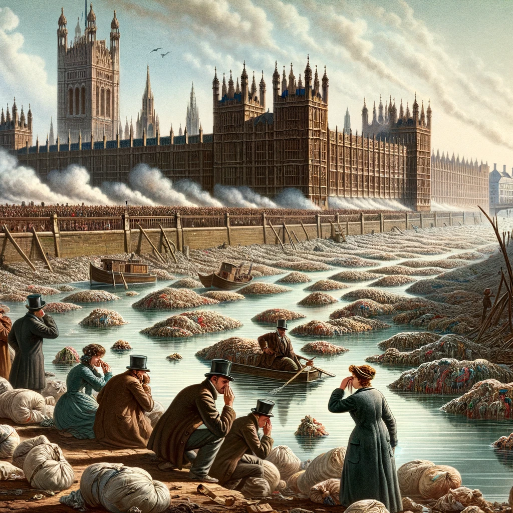 DALL·E 2024 06 12 12.33.45 A detailed and realistic illustration of the Great Stink of 1858. The scene shows the River Thames in London filled with sewage and waste causing an