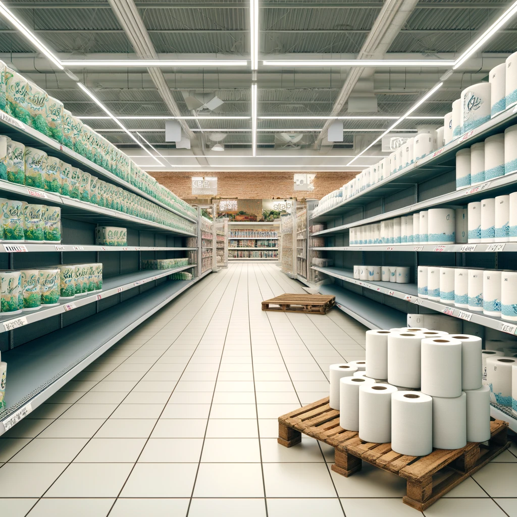 DALL·E 2024 06 12 12.45.41 A detailed and realistic illustration of the toilet paper panic. The scene shows a supermarket aisle with empty shelves where toilet paper used to be