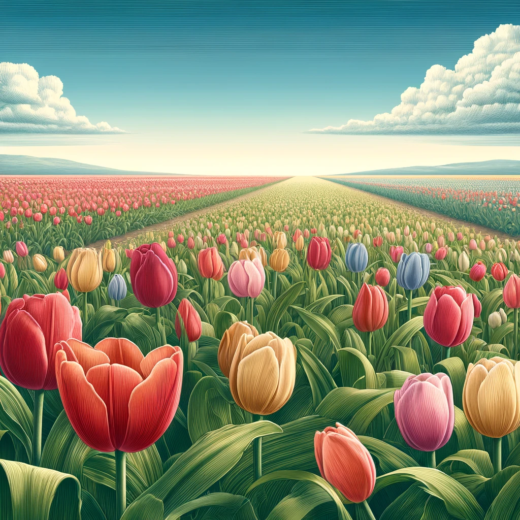 DALL·E 2024 06 12 12.52.08 A detailed and realistic illustration of a tulip field. The scene shows a vast expanse of vibrant tulips in various colors stretching out to the hori