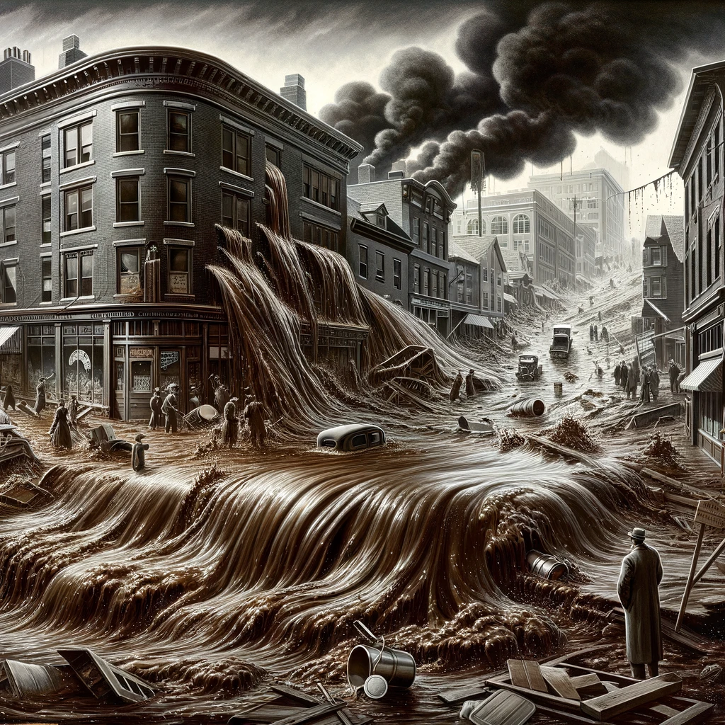 DALL·E 2024 06 12 14.09.51 A detailed and realistic illustration of the Great Molasses Flood of 1919. The scene shows a street in Boston covered in a thick wave of molasses wit