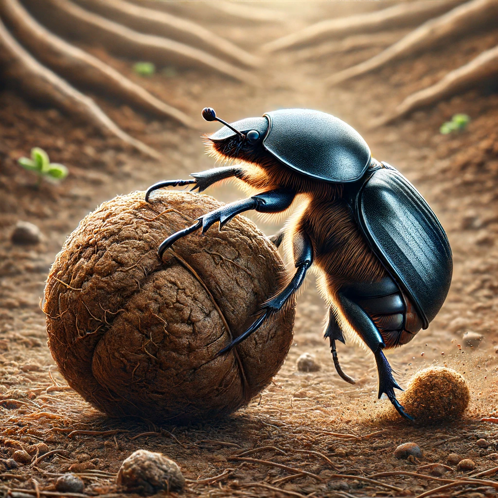 DALL·E 2024 06 13 09.41.27 A detailed and realistic illustration of a dung beetle rolling a ball of dung. The scene shows the beetle in action using its legs to push the perfec