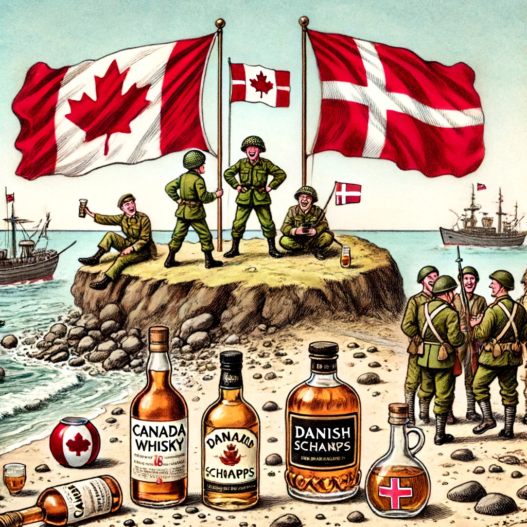 DALL·E 2024 06 15 11.39.23 A humorous and detailed illustration of the Whisky War between Canada and Denmark over Hans Island. The scene shows a barren rocky island with two fl