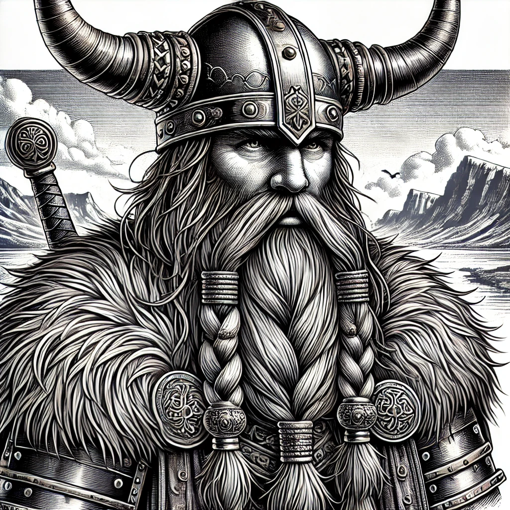 DALL·E 2024 06 29 12.01.19 A detailed and realistic illustration of a Viking with a long beard. The Viking is depicted in traditional Norse attire with a horned helmet fur lin