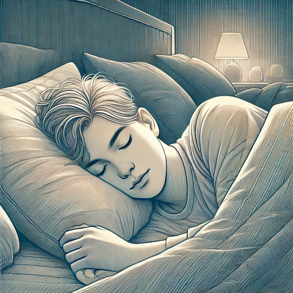 DALL·E 2024 07 06 12.33.59 A detailed and realistic illustration of a person sleeping. The person is lying peacefully in bed with a serene expression on their face. The backgro