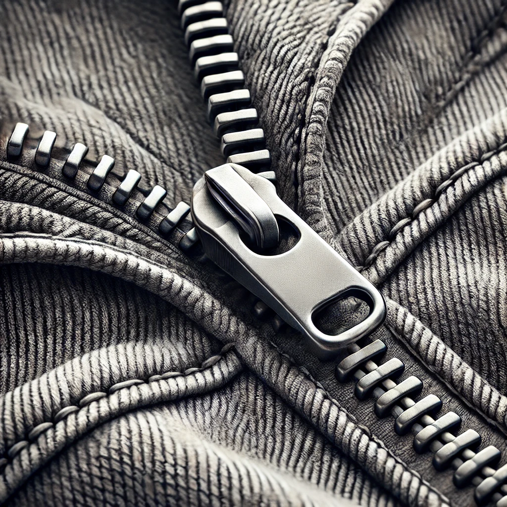 DALL·E 2024 07 06 14.07.19 A detailed and realistic illustration of a trousers zipper. The image focuses on the zipper showing the metal teeth and the pull tab in a closed posi