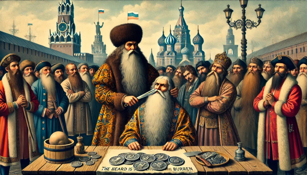 DALL·E 2024 11 30 20.58.50 A historical scene depicting Peter the Great enforcing the beard tax in 17th century Russia. The illustration shows a group of Russian men in traditio